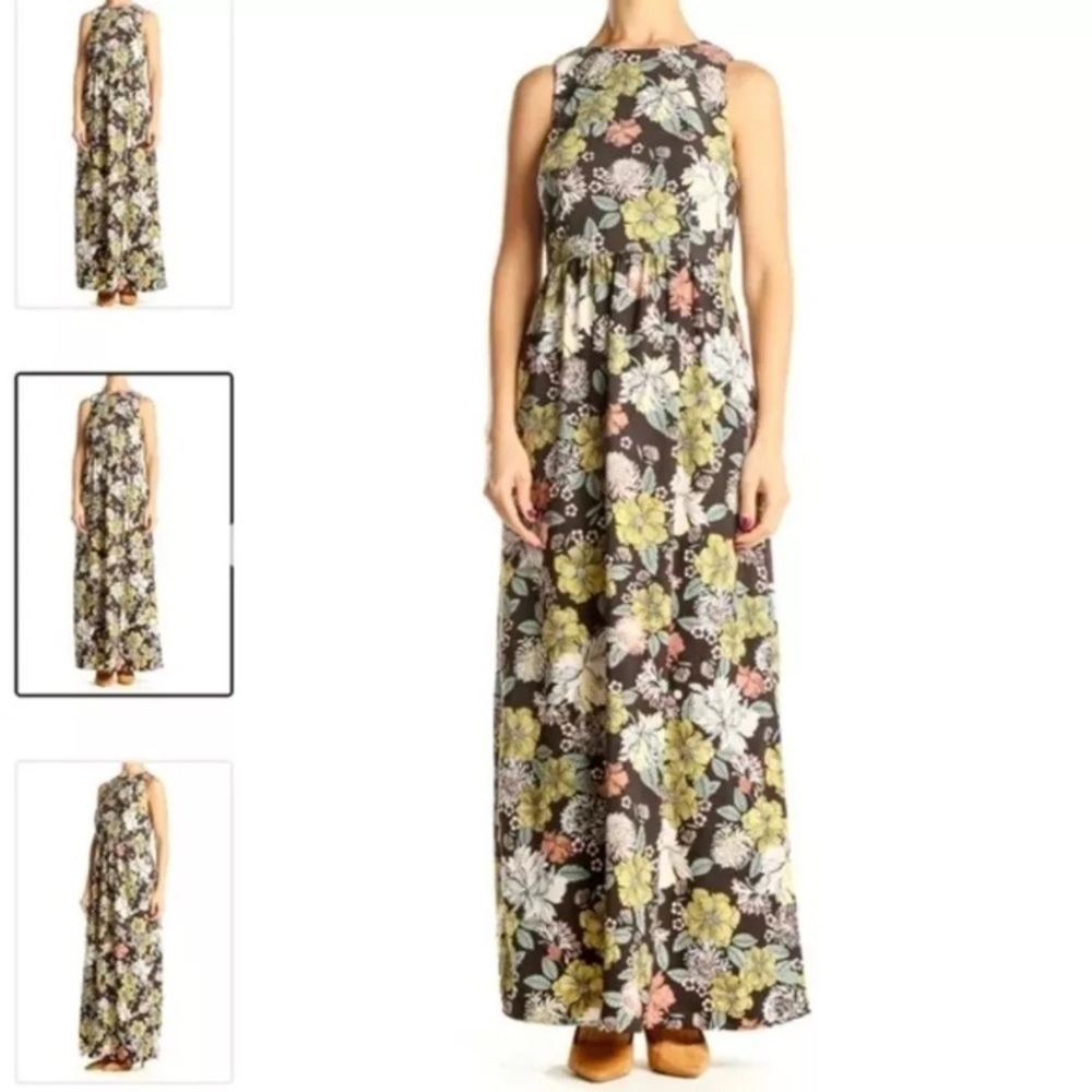 LOFT Floral Boho Maxi Column DRESS size 14 summer vacation travel brown cottage